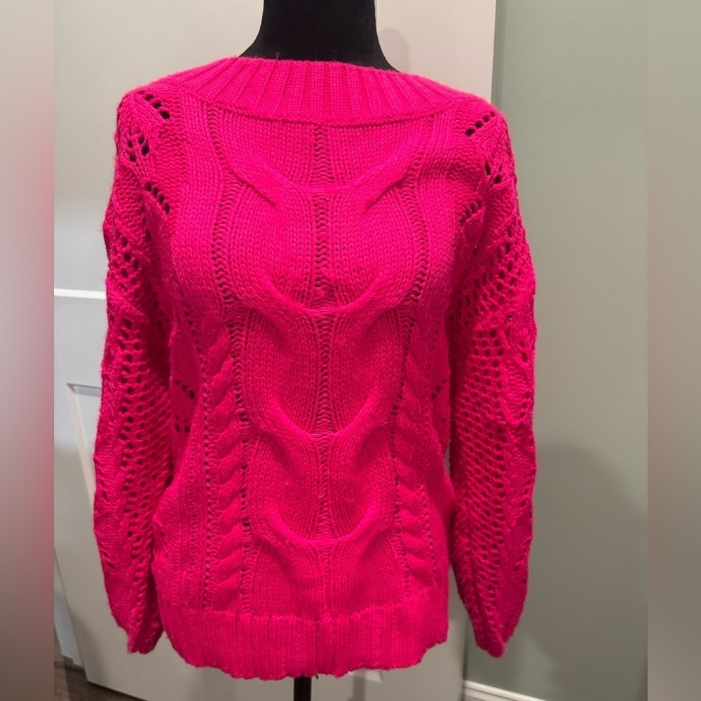 Kori America hot Pink Cable Knit Sweater balloon sleeves crew neck